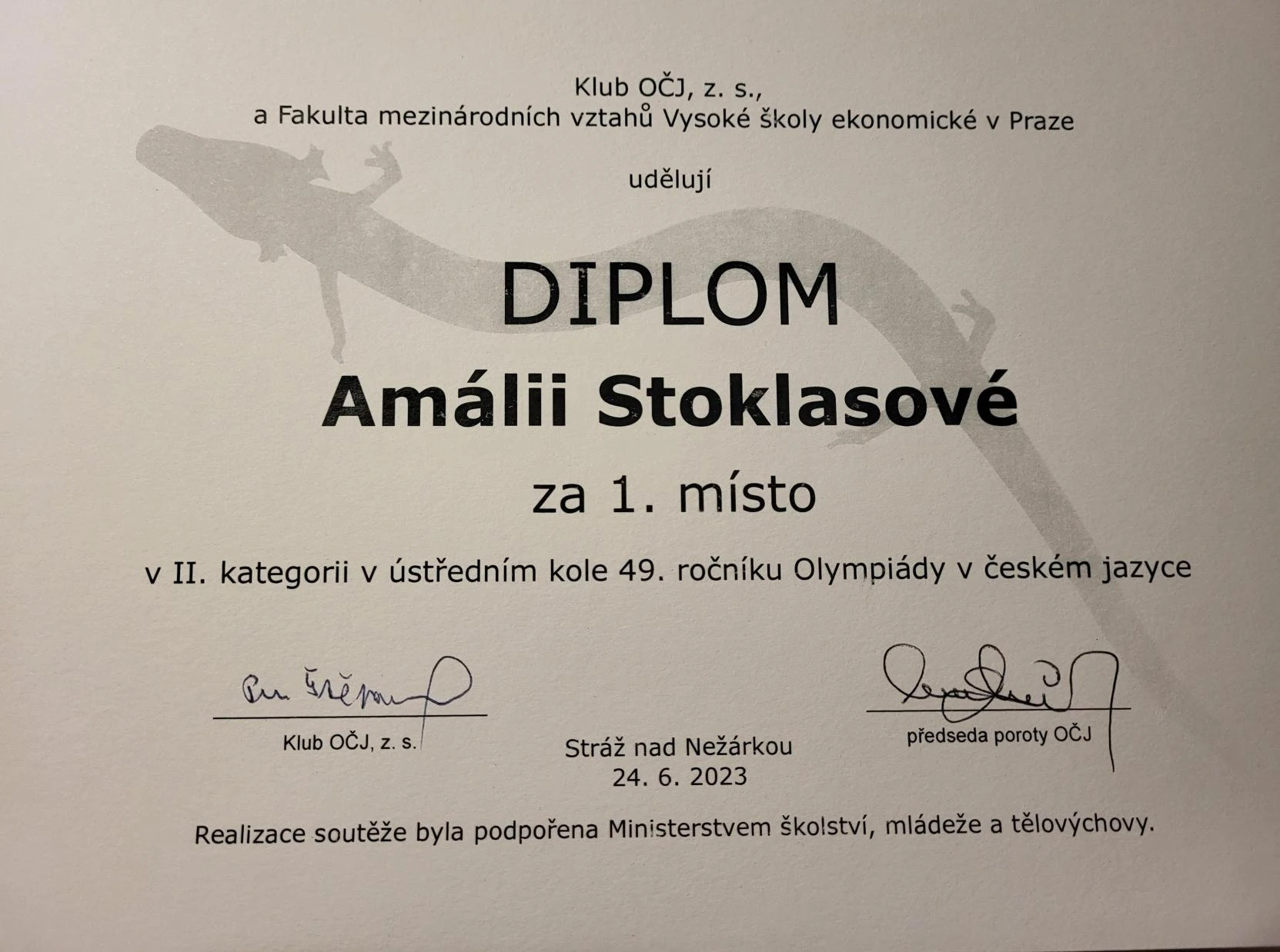 Vítězství Amálie Stoklasové v celostátním kole olympiády z českého jazyka